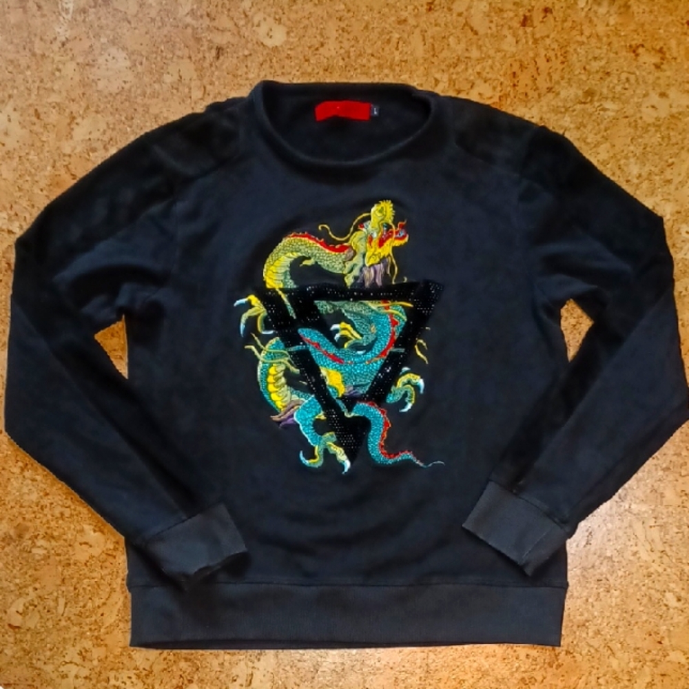 Vie Riche Men's Black Velour Dragon Embroidered Sweatshirt Size L